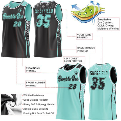 Custom Black Ice Blue-White Side Panel Stripe Geometric Triangle Gradient Dot Reversible Double Side Sublimation Basketball Set Jersey