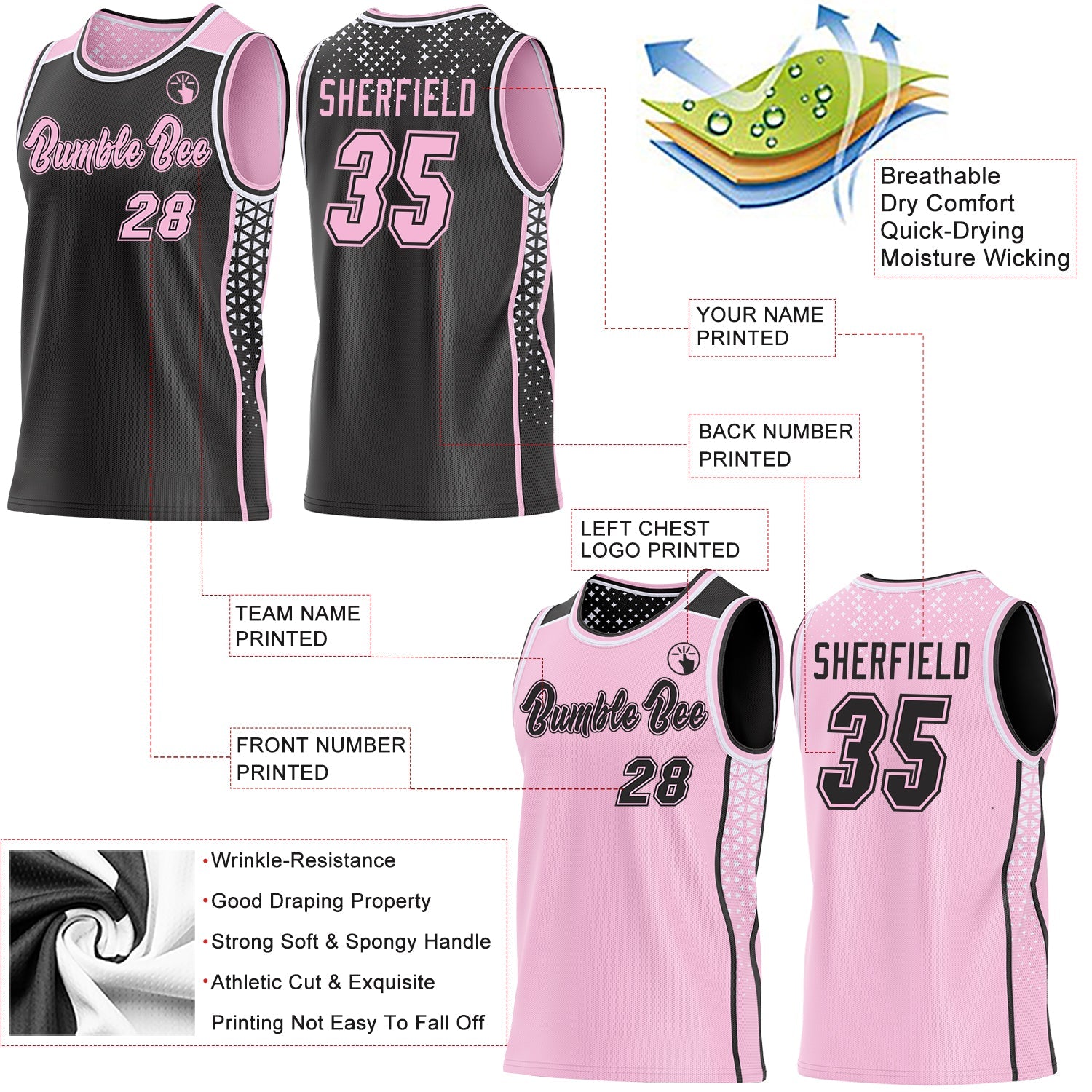 Custom Black Light Pink-White Side Panel Stripe Geometric Triangle Gradient Dot Reversible Double Side Sublimation Basketball Set Jersey
