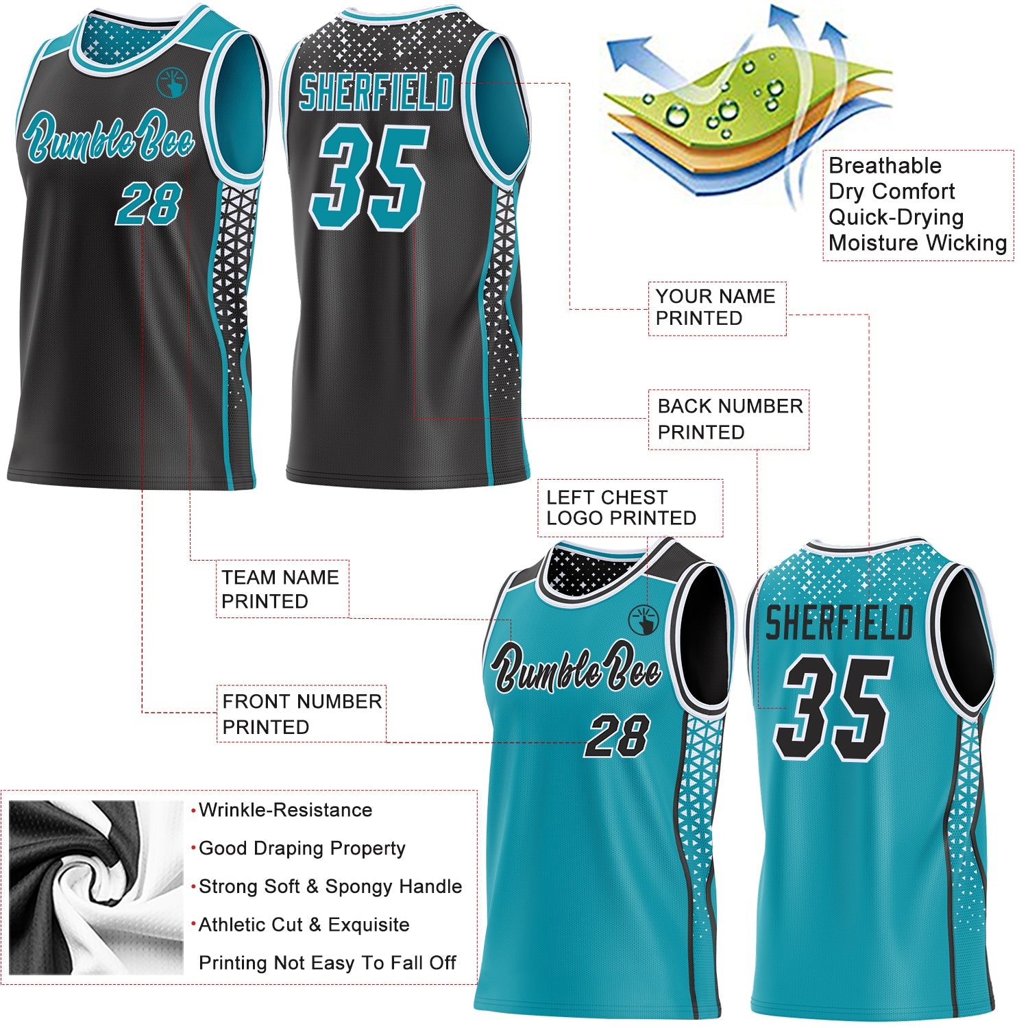 Custom Black Teal-White Side Panel Stripe Geometric Triangle Gradient Dot Reversible Double Side Sublimation Basketball Set Jersey