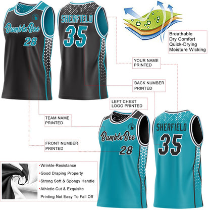 Custom Black Teal-White Side Panel Stripe Geometric Triangle Gradient Dot Reversible Double Side Sublimation Basketball Set Jersey