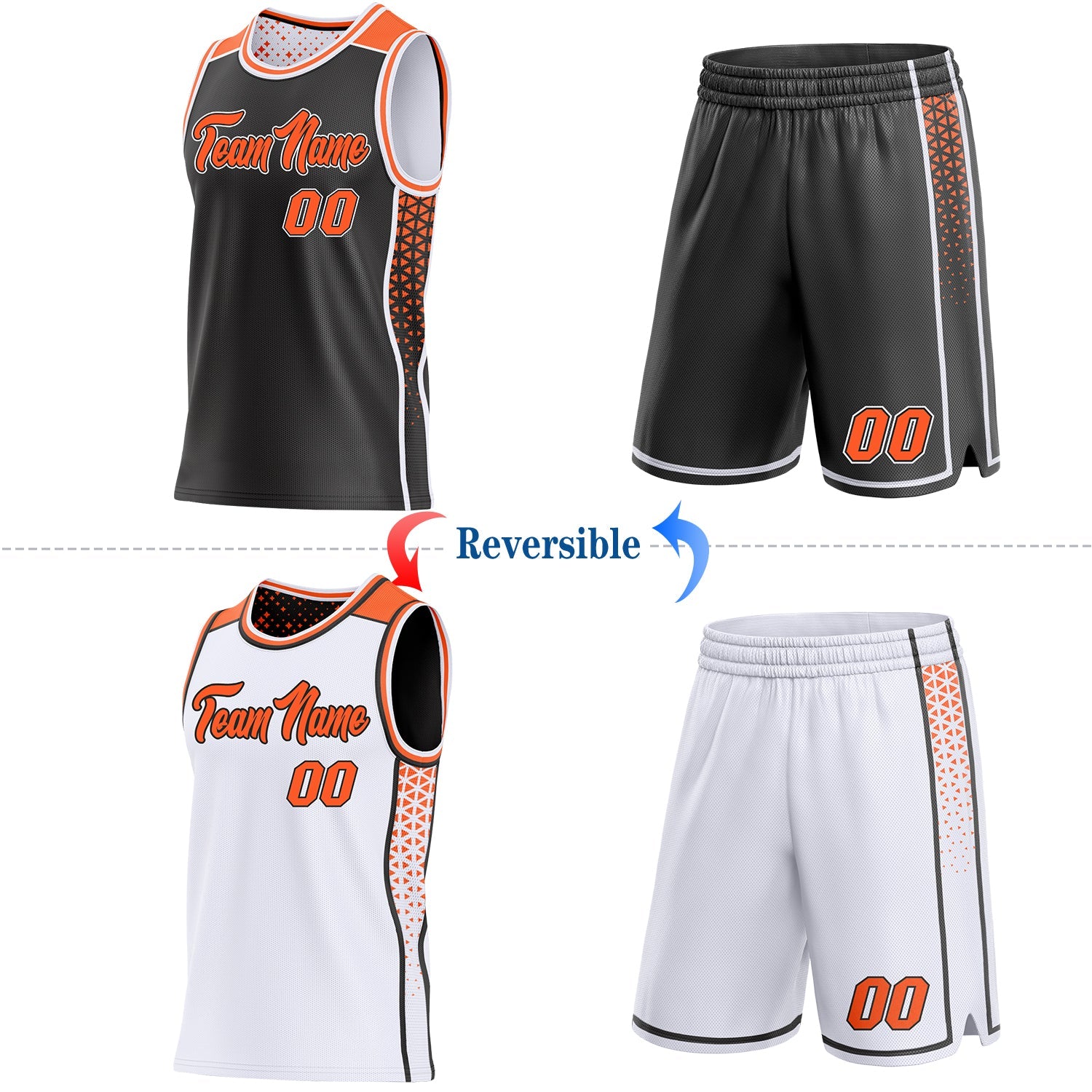 Custom Black Orange-White Side Panel Stripe Geometric Triangle Gradient Dot Reversible Double Side Sublimation Basketball Set Jersey