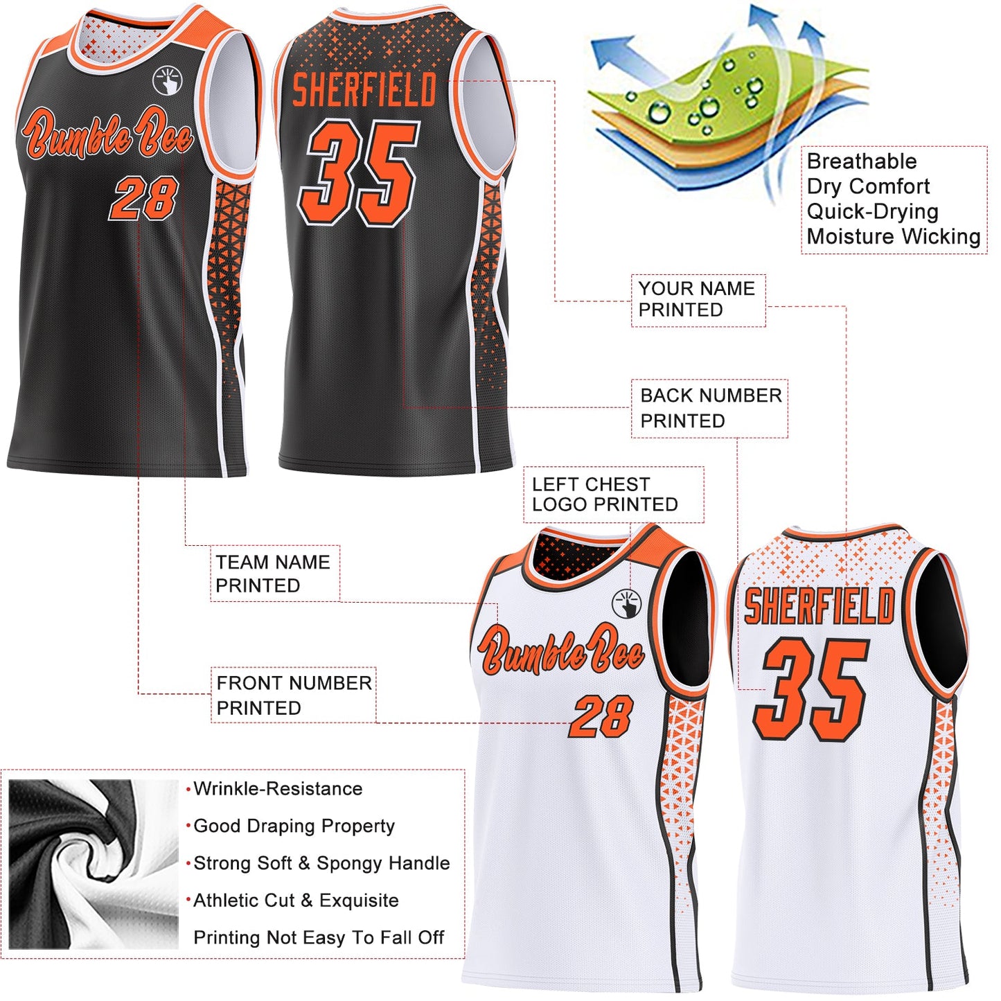 Custom Black Orange-White Side Panel Stripe Geometric Triangle Gradient Dot Reversible Double Side Sublimation Basketball Set Jersey