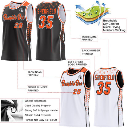 Custom Black Orange-White Side Panel Stripe Geometric Triangle Gradient Dot Reversible Double Side Sublimation Basketball Set Jersey