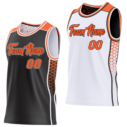 Custom Black Orange-White Side Panel Stripe Geometric Triangle Gradient Dot Reversible Double Side Sublimation Basketball Set Jersey