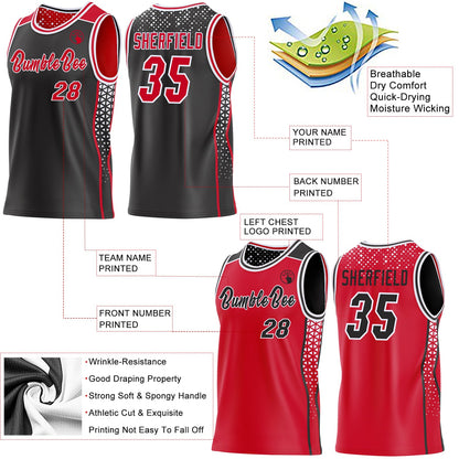 Custom Black Red-White Side Panel Stripe Geometric Triangle Gradient Dot Reversible Double Side Sublimation Basketball Set Jersey