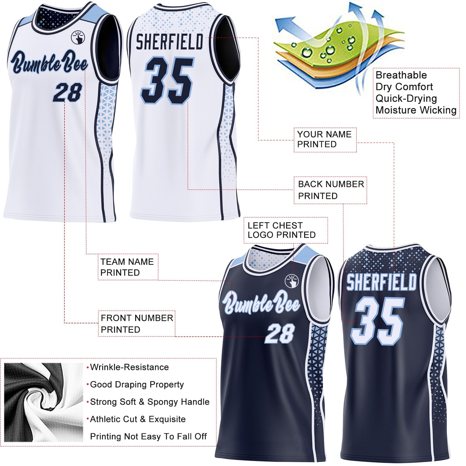 Custom White Navy-Light Blue Side Panel Stripe Geometric Triangle Gradient Dot Reversible Double Side Sublimation Basketball Set Jersey