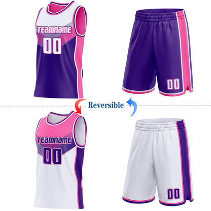 Custom White Purple-Pink Side Panel Stripe Geometric V-Cut Color Block Reversible Double Side Sublimation Basketball Set Jersey