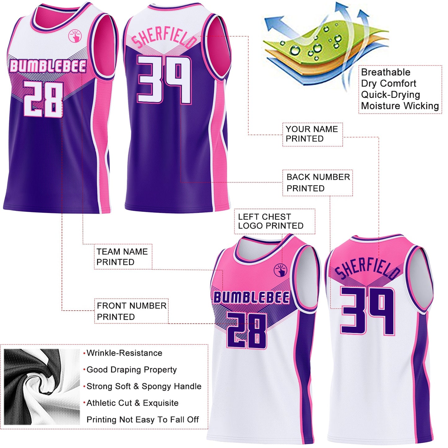 Custom White Purple-Pink Side Panel Stripe Geometric V-Cut Color Block Reversible Double Side Sublimation Basketball Set Jersey