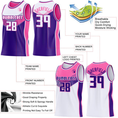 Custom White Purple-Pink Side Panel Stripe Geometric V-Cut Color Block Reversible Double Side Sublimation Basketball Set Jersey