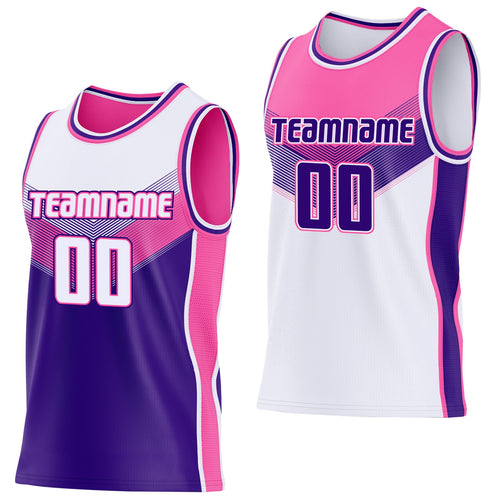 Custom White Purple-Pink Side Panel Stripe Geometric V-Cut Color Block Reversible Double Side Sublimation Basketball Set Jersey