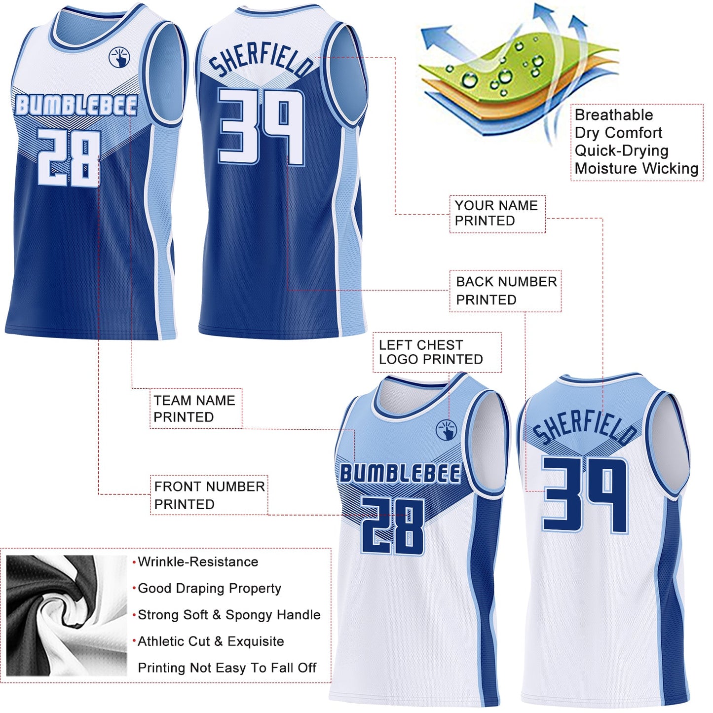 Custom White Royal-Light Blue Side Panel Stripe Geometric V-Cut Color Block Reversible Double Side Sublimation Basketball Set Jersey