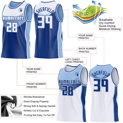 Custom White Royal-Light Blue Side Panel Stripe Geometric V-Cut Color Block Reversible Double Side Sublimation Basketball Set Jersey