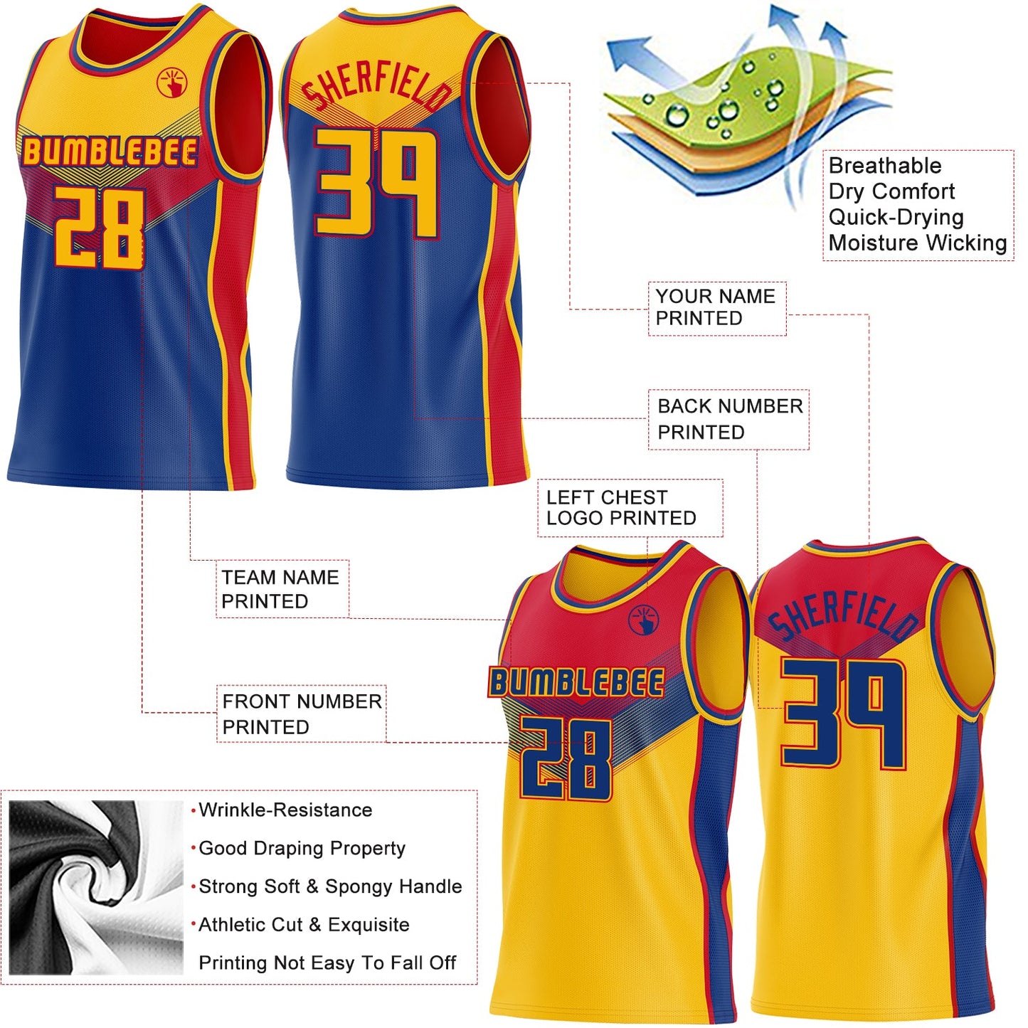 Custom Gold Royal-Red Side Panel Stripe Geometric V-Cut Color Block Reversible Double Side Sublimation Basketball Set Jersey