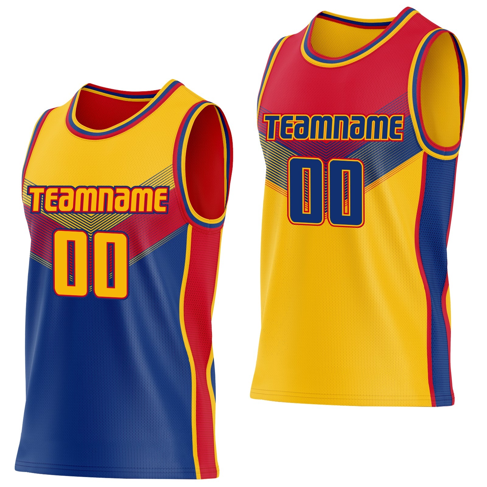 Custom Gold Royal-Red Side Panel Stripe Geometric V-Cut Color Block Reversible Double Side Sublimation Basketball Set Jersey