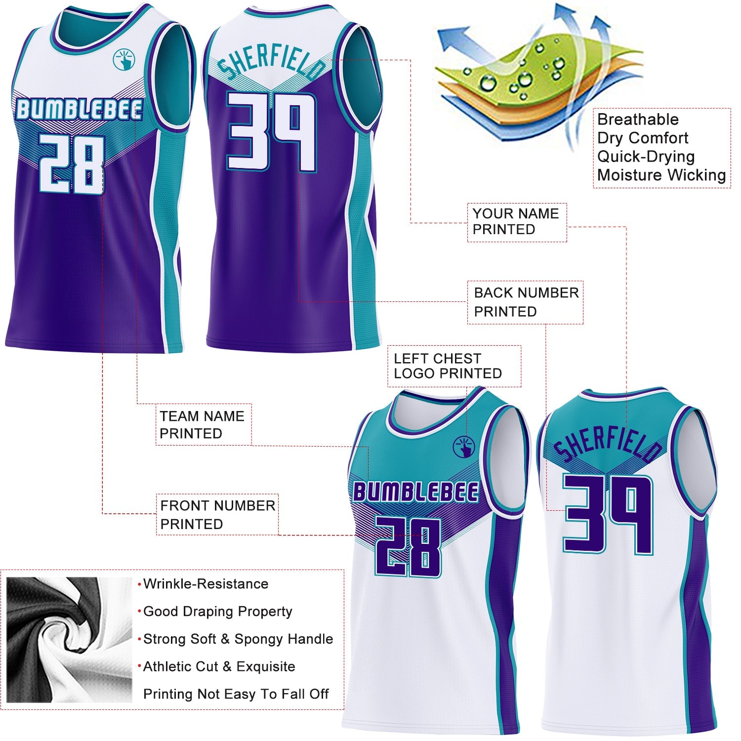 Custom White Purple-Teal Side Panel Stripe Geometric V-Cut Color Block Reversible Double Side Sublimation Basketball Set Jersey