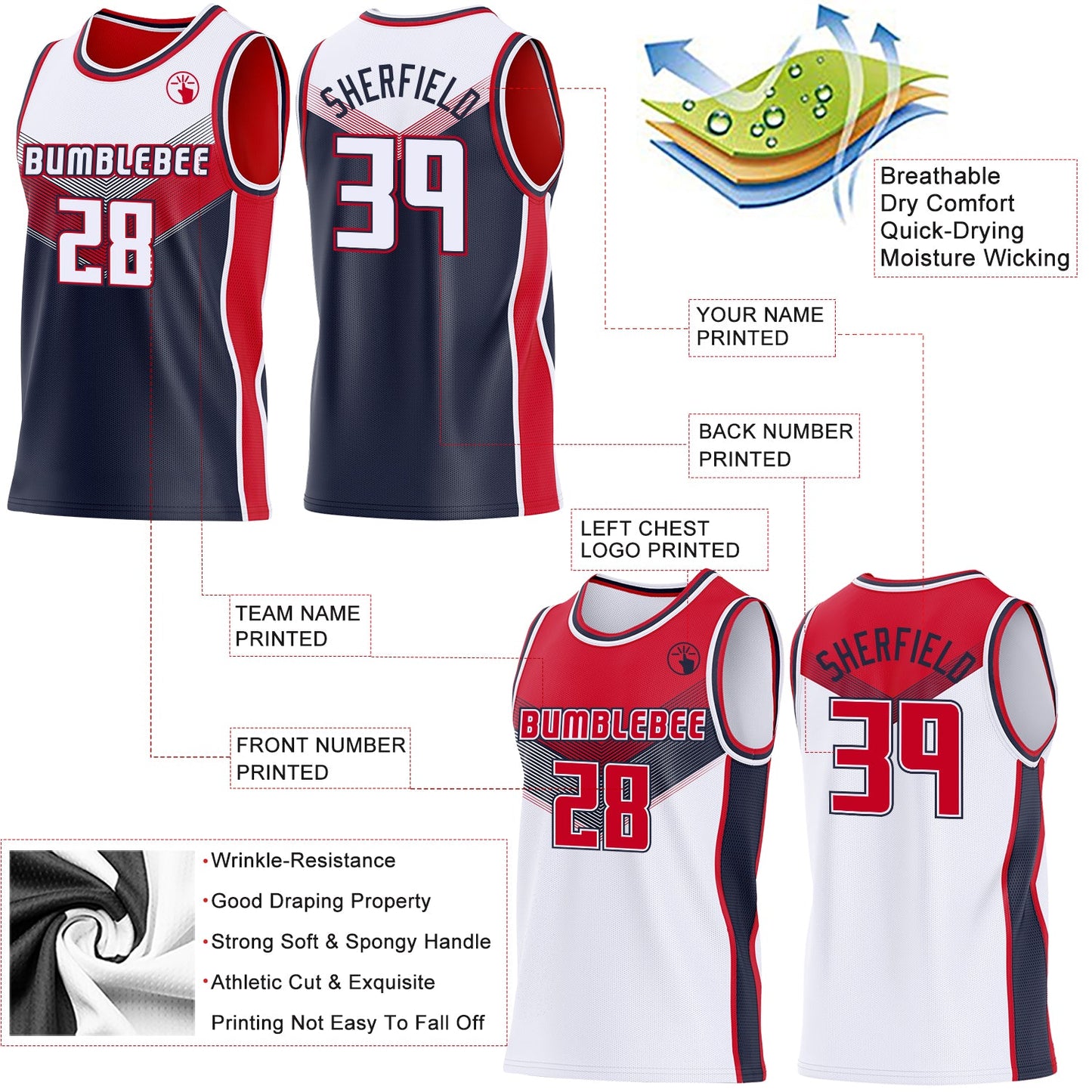Custom White Navy-Red Side Panel Stripe Geometric V-Cut Color Block Reversible Double Side Sublimation Basketball Set Jersey
