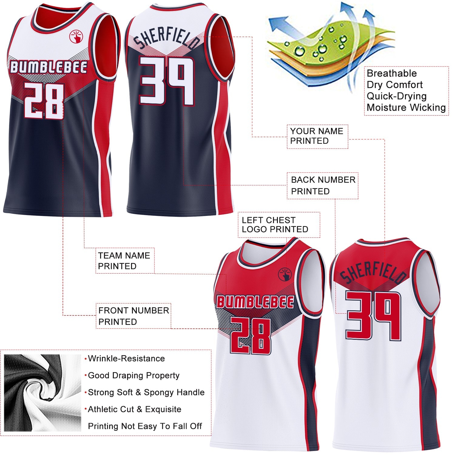 Custom White Navy-Red Side Panel Stripe Geometric V-Cut Color Block Reversible Double Side Sublimation Basketball Set Jersey