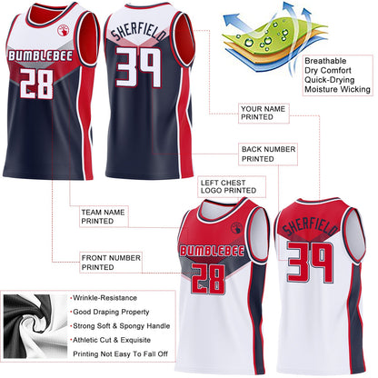 Custom White Navy-Red Side Panel Stripe Geometric V-Cut Color Block Reversible Double Side Sublimation Basketball Set Jersey