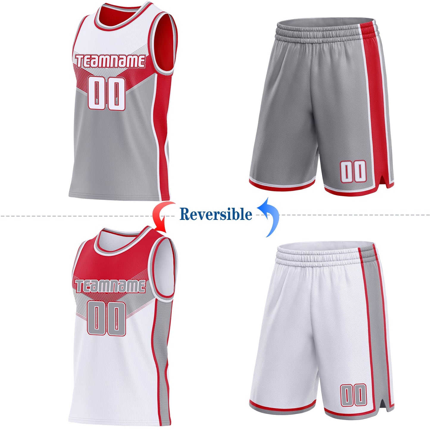 Custom White Gray-Red Side Panel Stripe Geometric V-Cut Color Block Reversible Double Side Sublimation Basketball Set Jersey