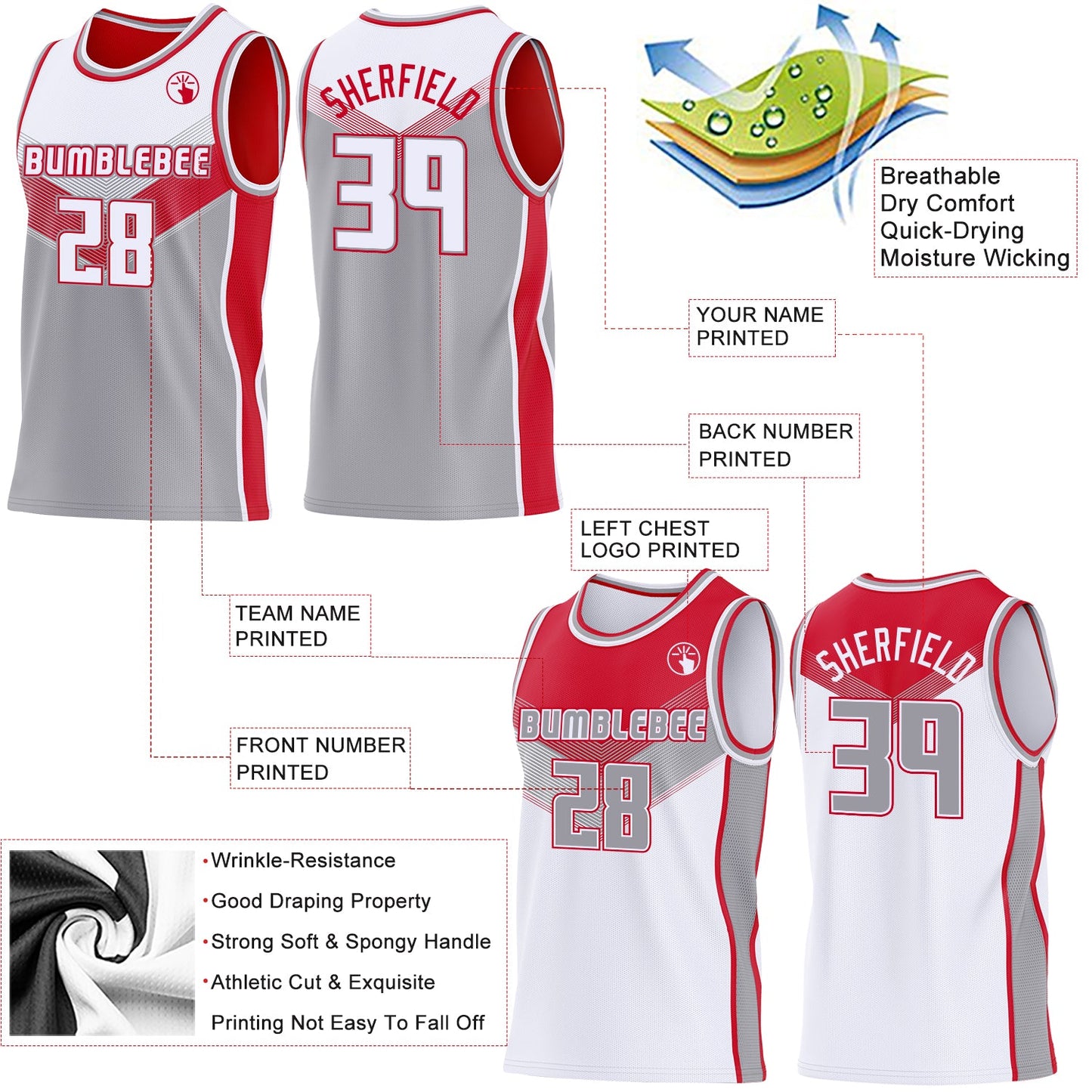 Custom White Gray-Red Side Panel Stripe Geometric V-Cut Color Block Reversible Double Side Sublimation Basketball Set Jersey