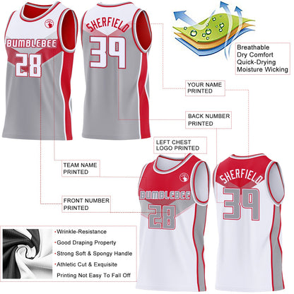 Custom White Gray-Red Side Panel Stripe Geometric V-Cut Color Block Reversible Double Side Sublimation Basketball Set Jersey