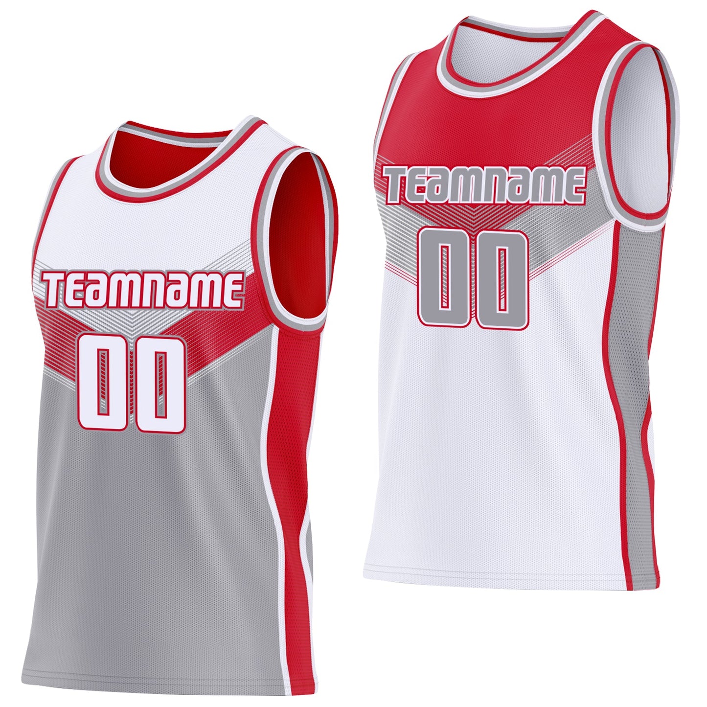 Custom White Gray-Red Side Panel Stripe Geometric V-Cut Color Block Reversible Double Side Sublimation Basketball Set Jersey