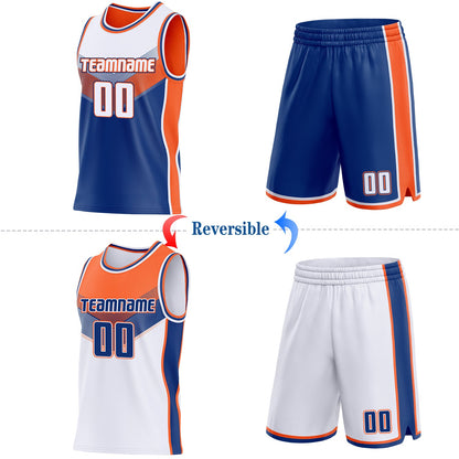 Custom White Royal-Orange Side Panel Stripe Geometric V-Cut Color Block Reversible Double Side Sublimation Basketball Set Jersey