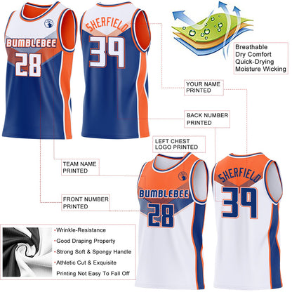 Custom White Royal-Orange Side Panel Stripe Geometric V-Cut Color Block Reversible Double Side Sublimation Basketball Set Jersey