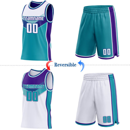 Custom White Teal-Purple Side Panel Stripe Geometric V-Cut Color Block Reversible Double Side Sublimation Basketball Set Jersey