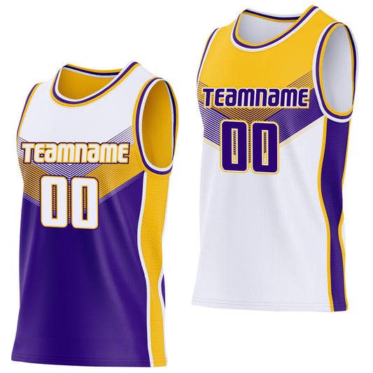 Custom White Purple-Gold Side Panel Stripe Geometric V-Cut Color Block Reversible Double Side Sublimation Basketball Set Jersey
