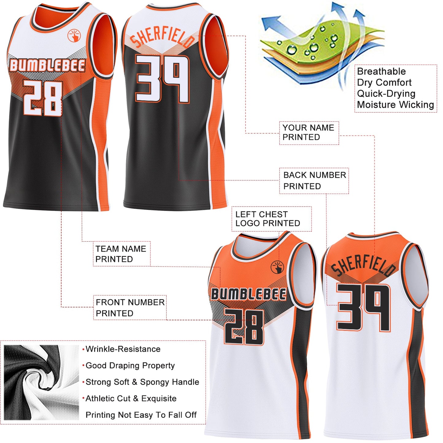 Custom White Black-Orange Side Panel Stripe Geometric V-Cut Color Block Reversible Double Side Sublimation Basketball Set Jersey