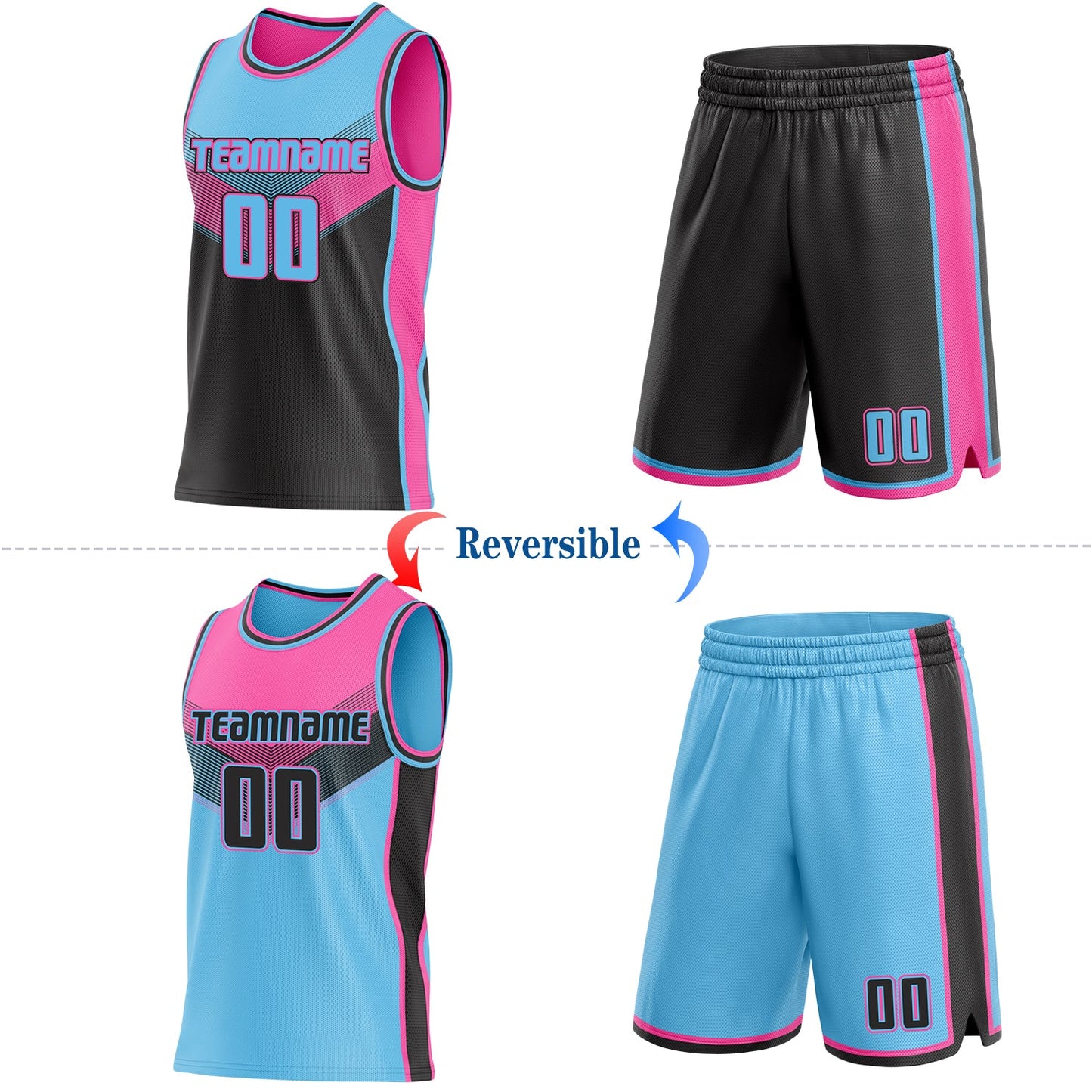 Custom Sky Blue Black-Pink Side Panel Stripe Geometric V-Cut Color Block Reversible Double Side Sublimation Basketball Set Jersey