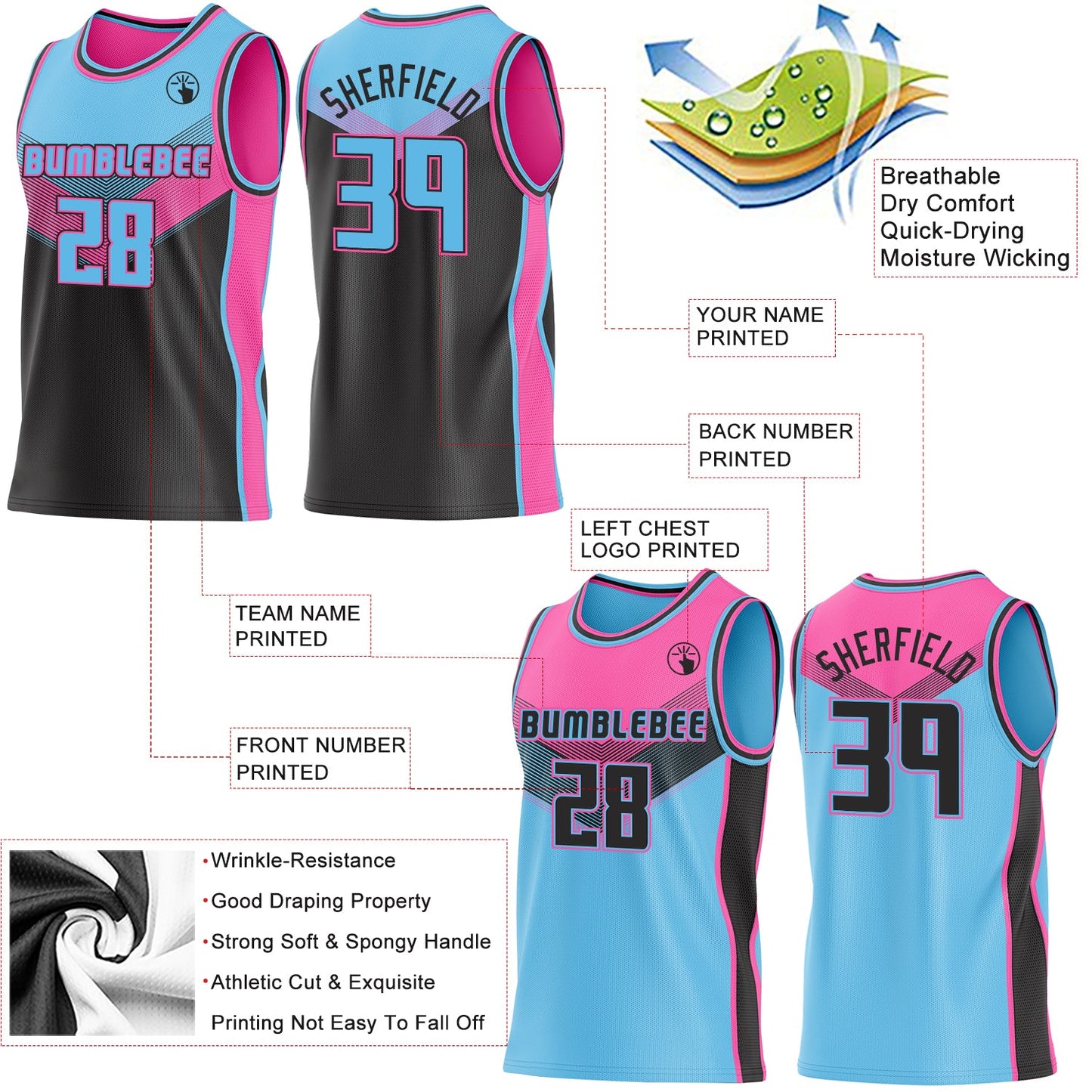 Custom Sky Blue Black-Pink Side Panel Stripe Geometric V-Cut Color Block Reversible Double Side Sublimation Basketball Set Jersey