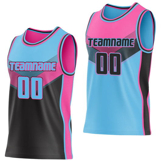 Custom Sky Blue Black-Pink Side Panel Stripe Geometric V-Cut Color Block Reversible Double Side Sublimation Basketball Set Jersey