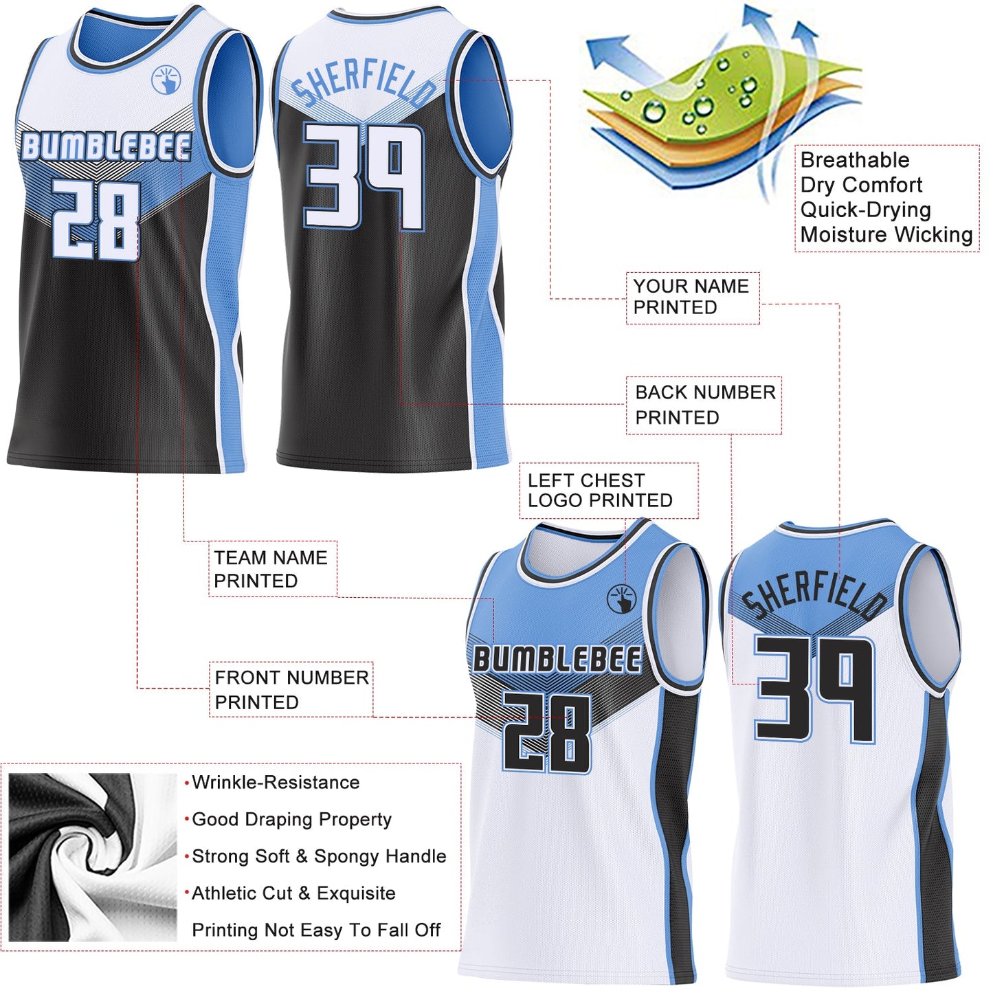 Custom White Black-Light Blue Side Panel Stripe Geometric V-Cut Color Block Reversible Double Side Sublimation Basketball Set Jersey