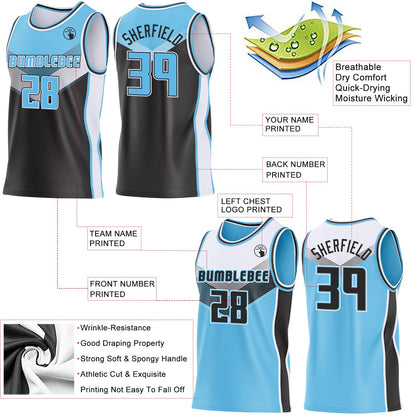 Custom Sky Blue Black-White Side Panel Stripe Geometric V-Cut Color Block Reversible Double Side Sublimation Basketball Set Jersey