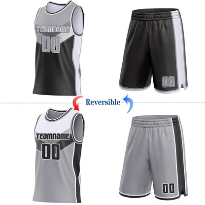 Custom Gray Black-White Side Panel Stripe Geometric V-Cut Color Block Reversible Double Side Sublimation Basketball Set Jersey
