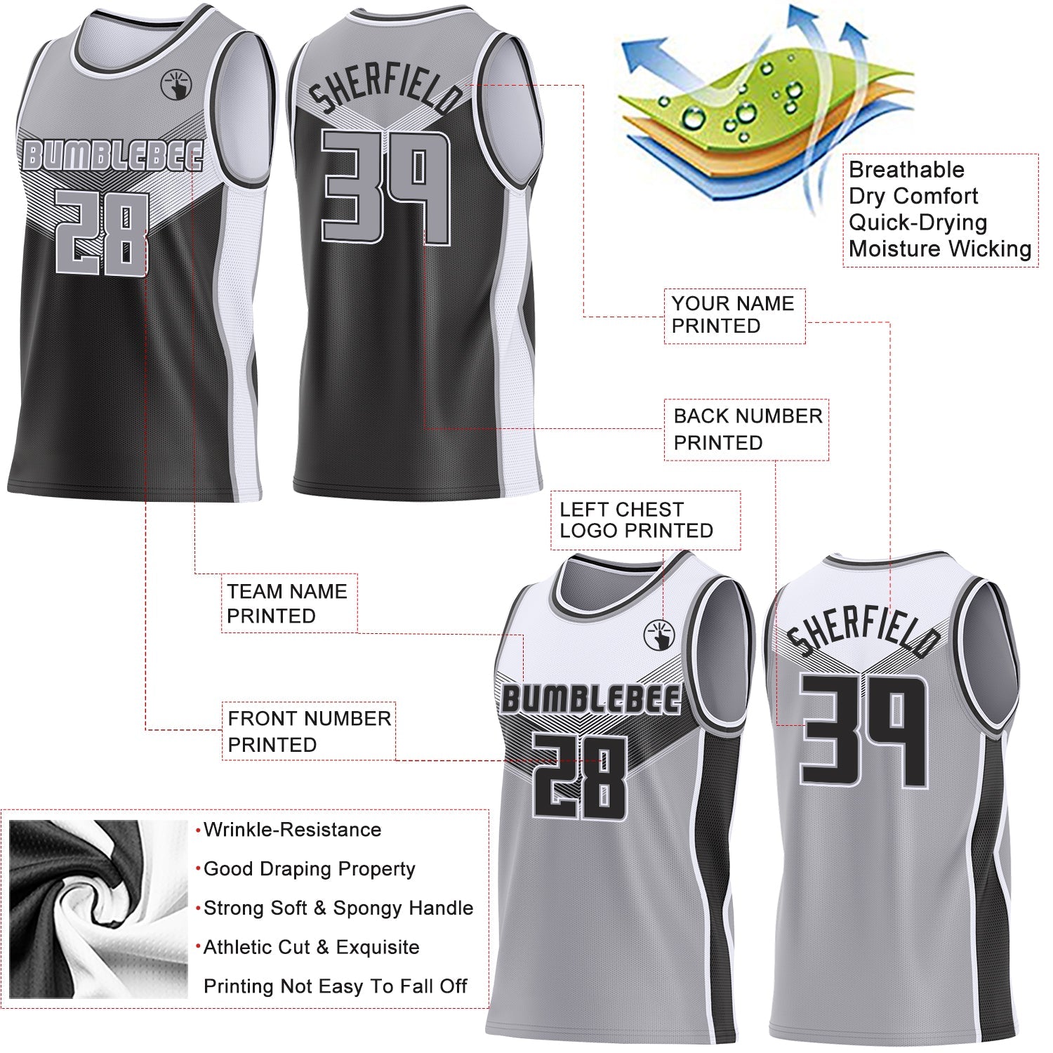 Custom Gray Black-White Side Panel Stripe Geometric V-Cut Color Block Reversible Double Side Sublimation Basketball Set Jersey