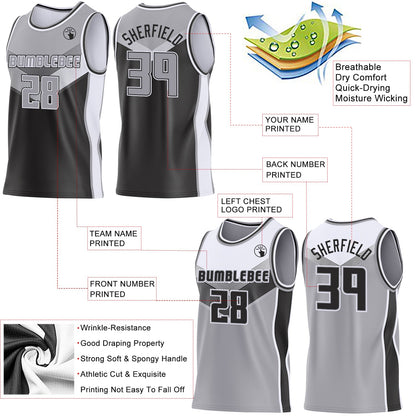 Custom Gray Black-White Side Panel Stripe Geometric V-Cut Color Block Reversible Double Side Sublimation Basketball Set Jersey