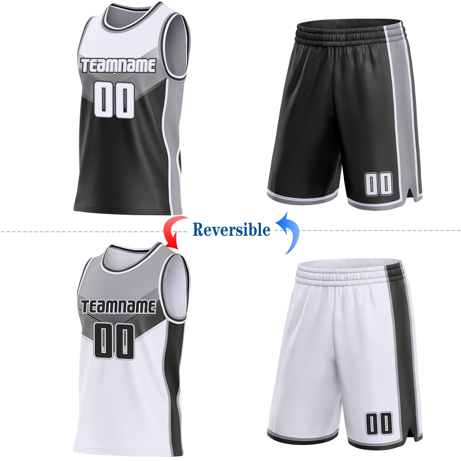 Custom White Black-Gray Side Panel Stripe Geometric V-Cut Color Block Reversible Double Side Sublimation Basketball Set Jersey