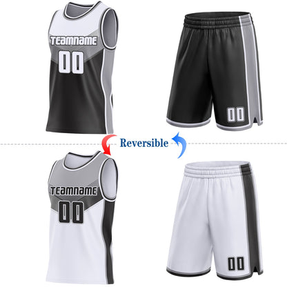 Custom White Black-Gray Side Panel Stripe Geometric V-Cut Color Block Reversible Double Side Sublimation Basketball Set Jersey