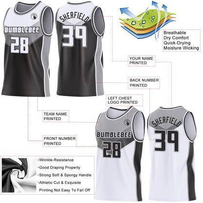 Custom White Black-Gray Side Panel Stripe Geometric V-Cut Color Block Reversible Double Side Sublimation Basketball Set Jersey
