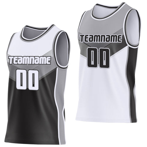 Custom White Black-Gray Side Panel Stripe Geometric V-Cut Color Block Reversible Double Side Sublimation Basketball Set Jersey