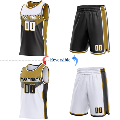 Custom White Black-Old Gold Side Panel Stripe Geometric V-Cut Color Block Reversible Double Side Sublimation Basketball Set Jersey