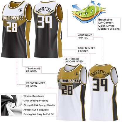 Custom White Black-Old Gold Side Panel Stripe Geometric V-Cut Color Block Reversible Double Side Sublimation Basketball Set Jersey