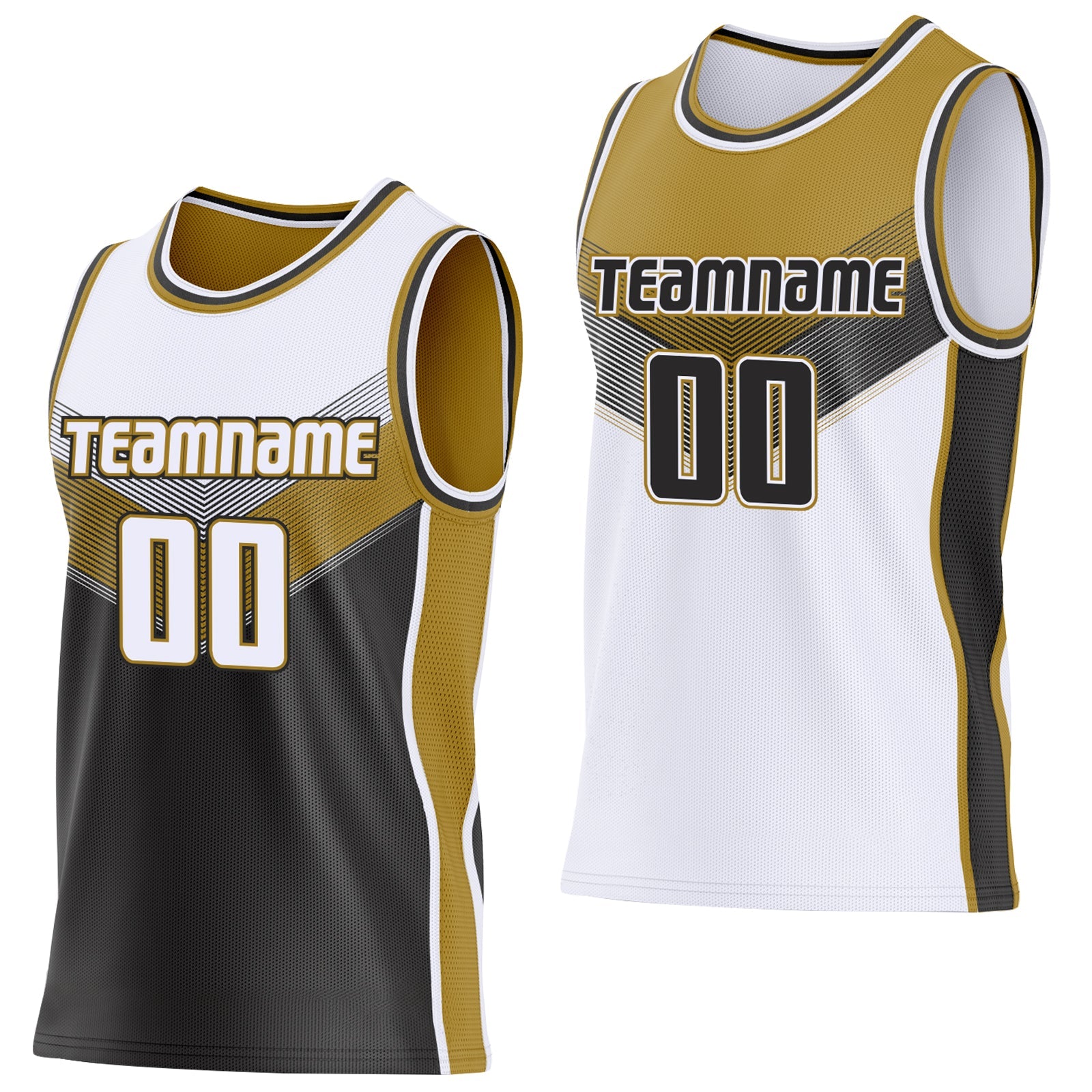 Custom White Black-Old Gold Side Panel Stripe Geometric V-Cut Color Block Reversible Double Side Sublimation Basketball Set Jersey