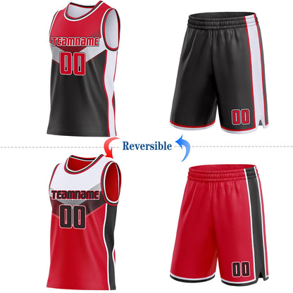 Custom Red Black-White Side Panel Stripe Geometric V-Cut Color Block Reversible Double Side Sublimation Basketball Set Jersey