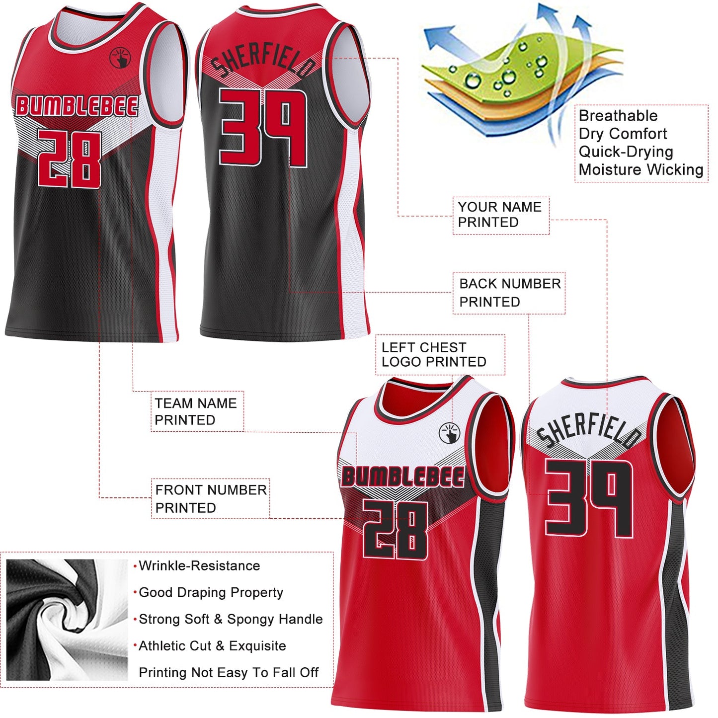 Custom Red Black-White Side Panel Stripe Geometric V-Cut Color Block Reversible Double Side Sublimation Basketball Set Jersey