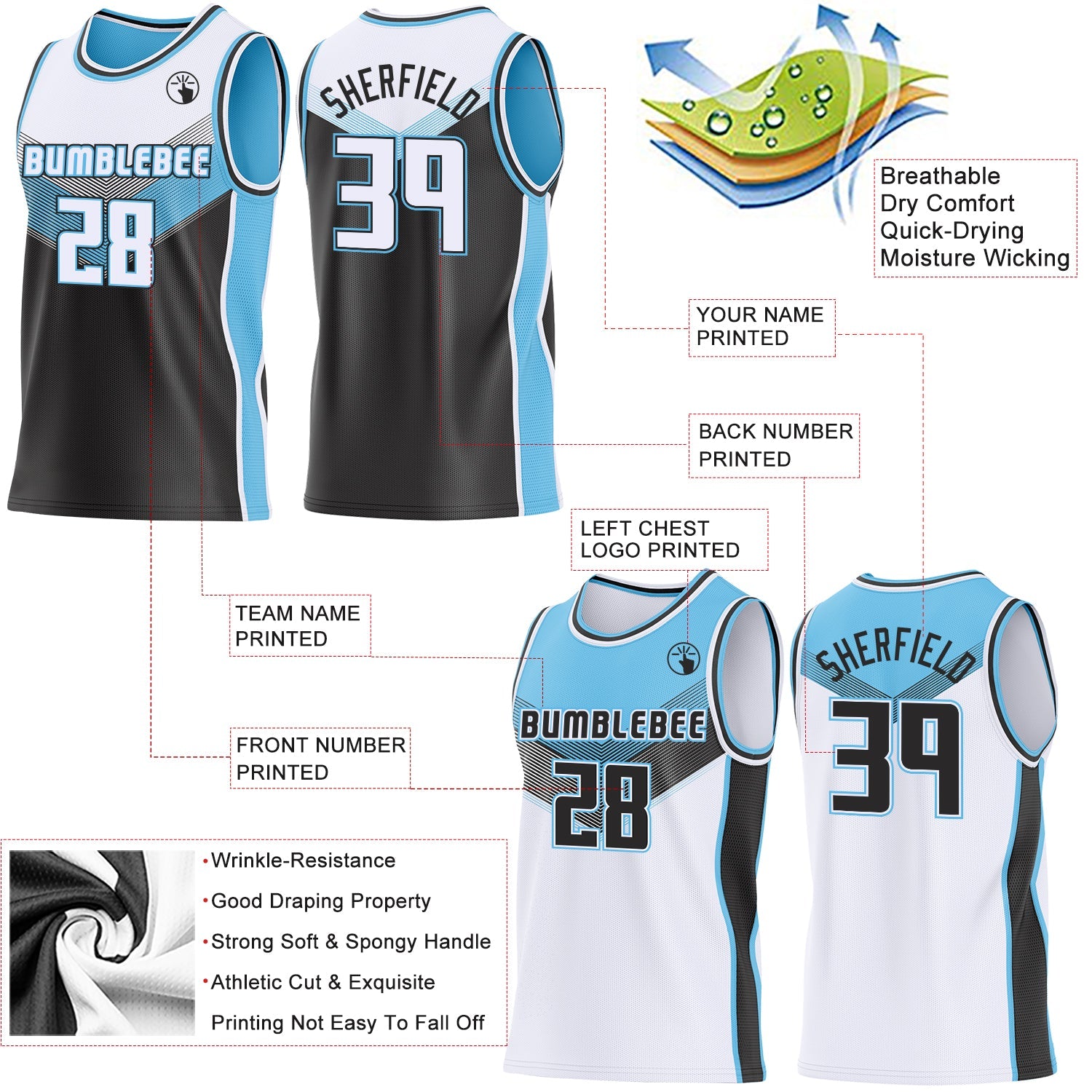 Custom White Black-Sky Blue Side Panel Stripe Geometric V-Cut Color Block Reversible Double Side Sublimation Basketball Set Jersey