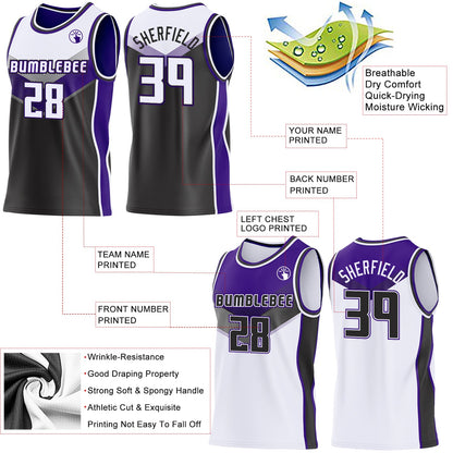 Custom White Black-Purple Side Panel Stripe Geometric V-Cut Color Block Reversible Double Side Sublimation Basketball Set Jersey